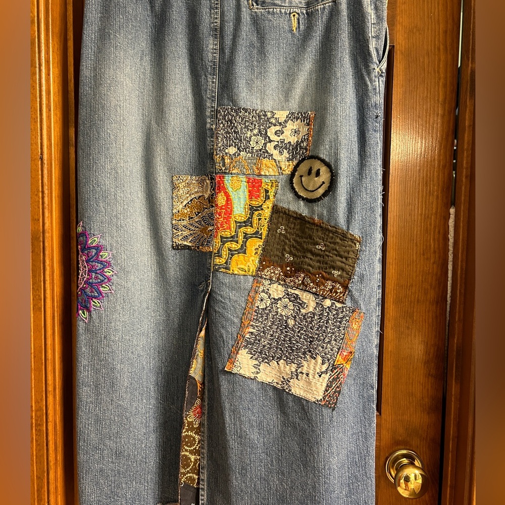 Remade denim maxi skirt with hand with hand embroidery and hand mended patches. - Picture 4 of 7